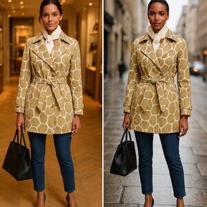 Michael Kors Giraffe Print Trench Coat | Khaki & White | Size M